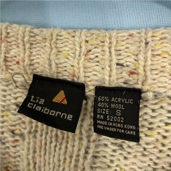Vintage 90s LIZ CLAIBORNE Cardigan Women Cable Chunky Knit Wool Sweater Cream S - Picture 12 of 16